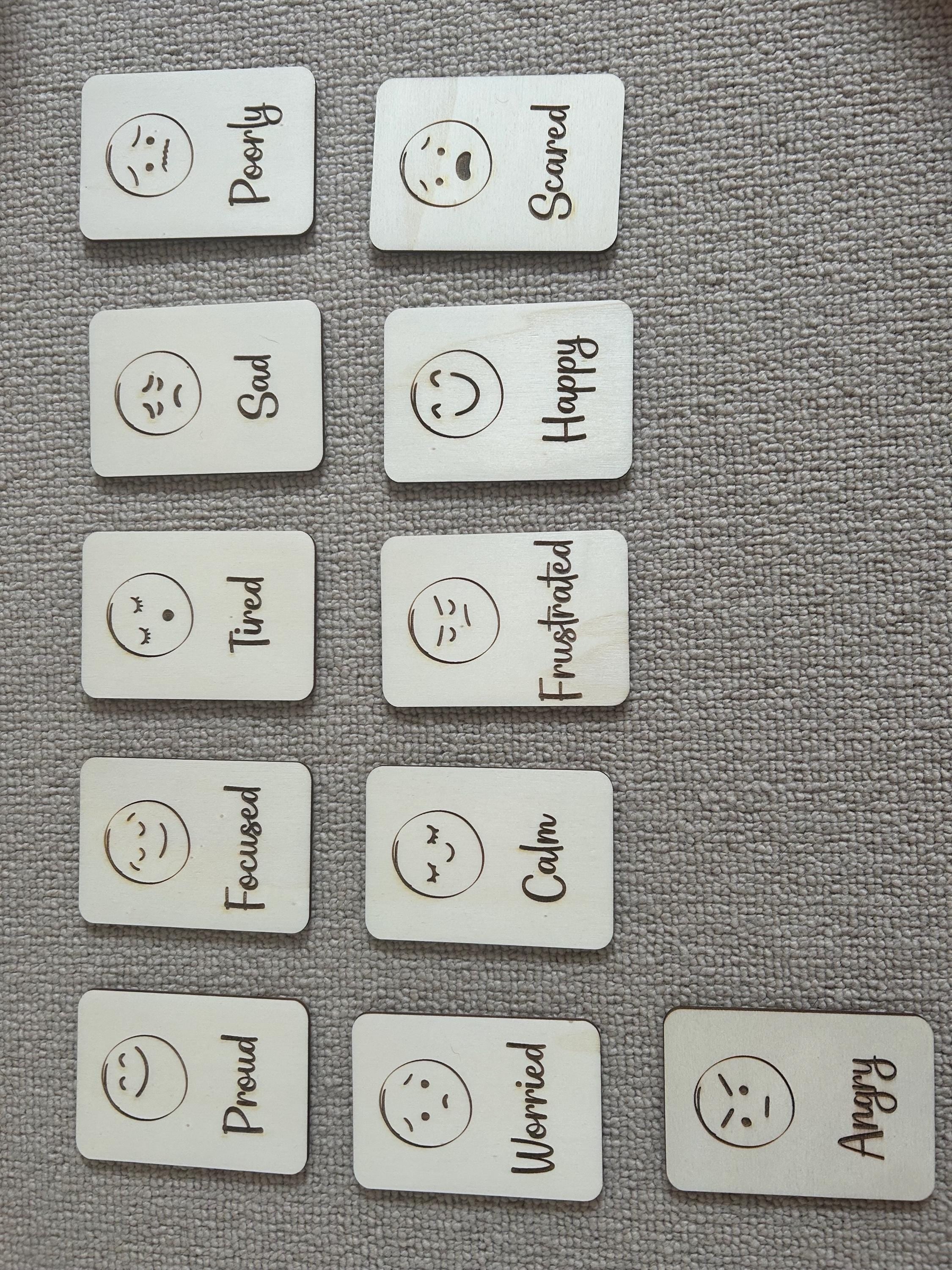 Set of 11 Wooden Feelings Flashcards - Emotion Flashcards